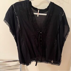 Black Sheer Lace Trim Button Front Top